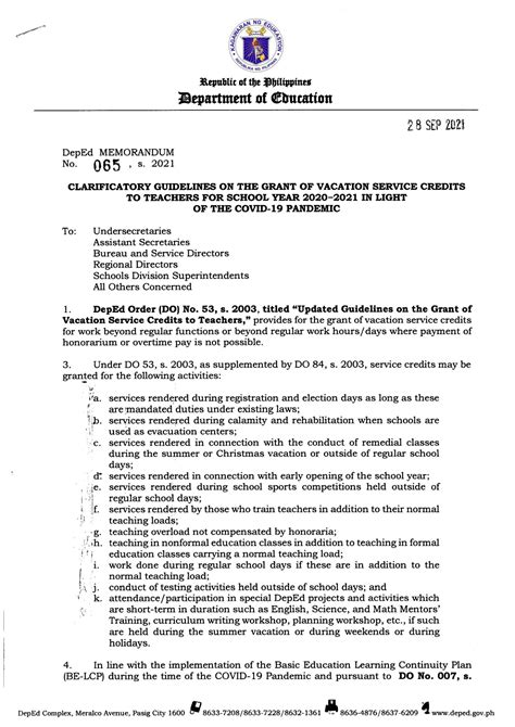 DepEd Clarificatory Guidelines on the Grant of Vacation Service Credits.